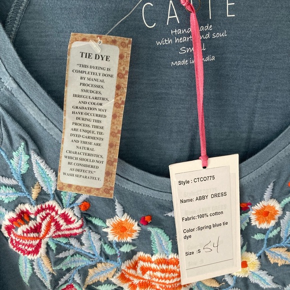 Boho Cotton T Shirt Dress Blue Tie Dye Knee Length Embroidered Short Sleeve sml - Picture 4 of 6